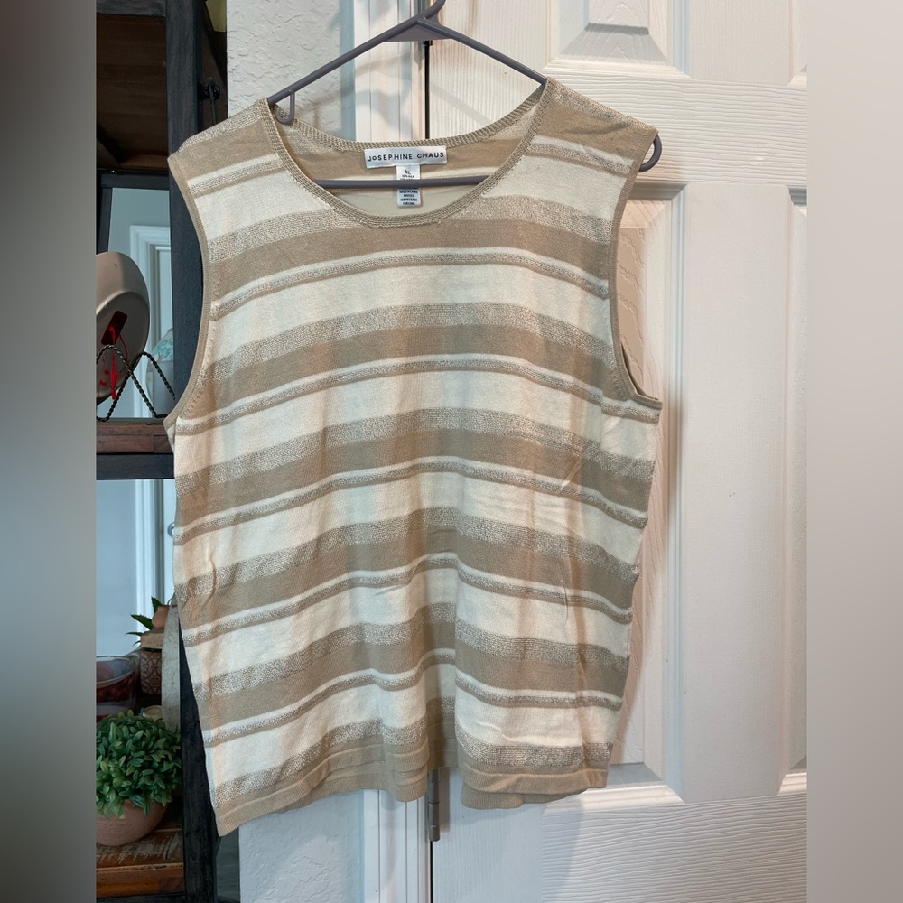 Josephine Chaus Silk blend beige white stripe metallic knit sleeveless blouse XL